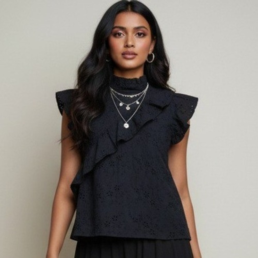 McGuire Sorbonne Black Eyelet Cotton Mock Neck Ruffle Cap Sleeve Blouse XS USA